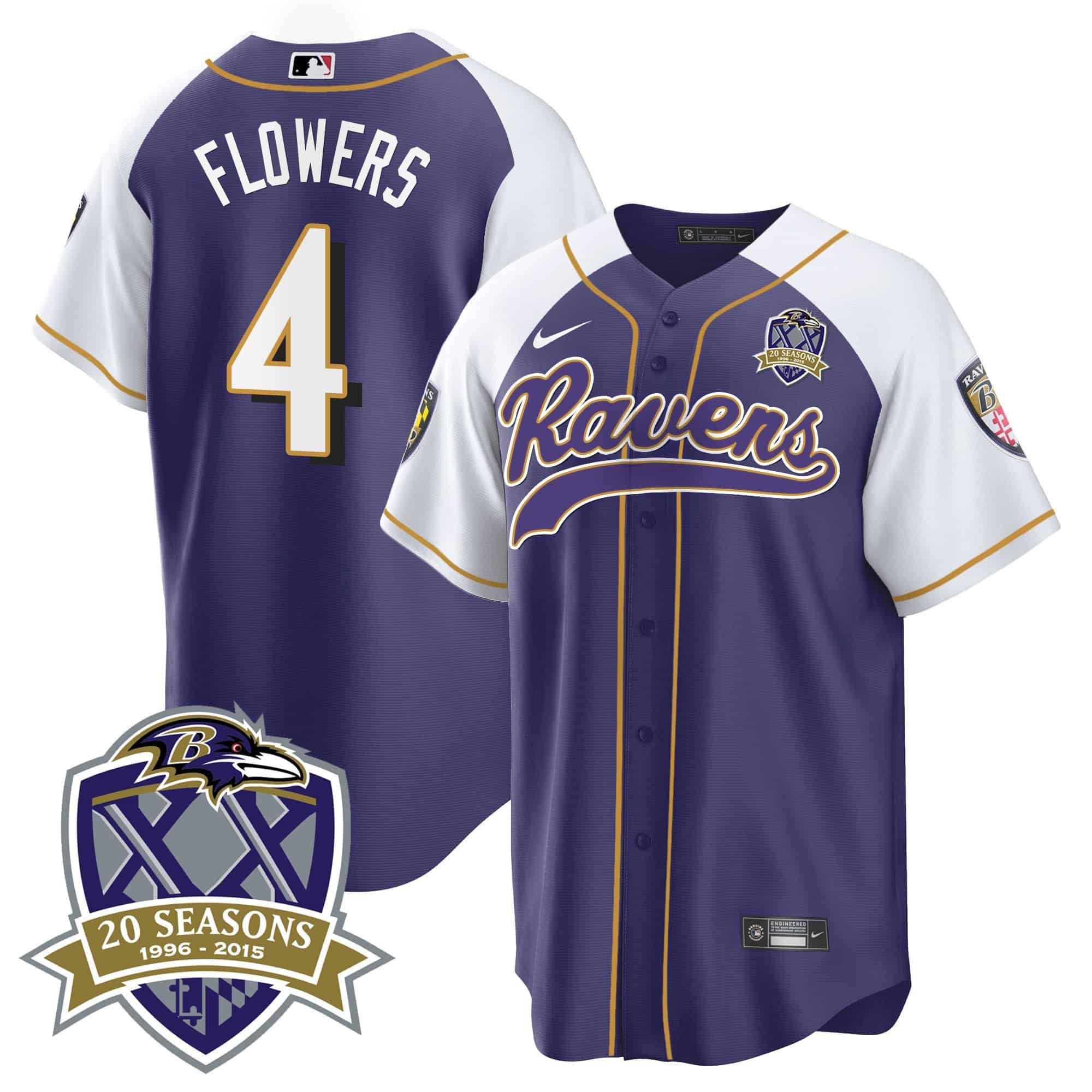 Men Baltimore Ravens #4 Flowers Purple 2024 Nike 20th Season Patch Baseball NFL Jersey